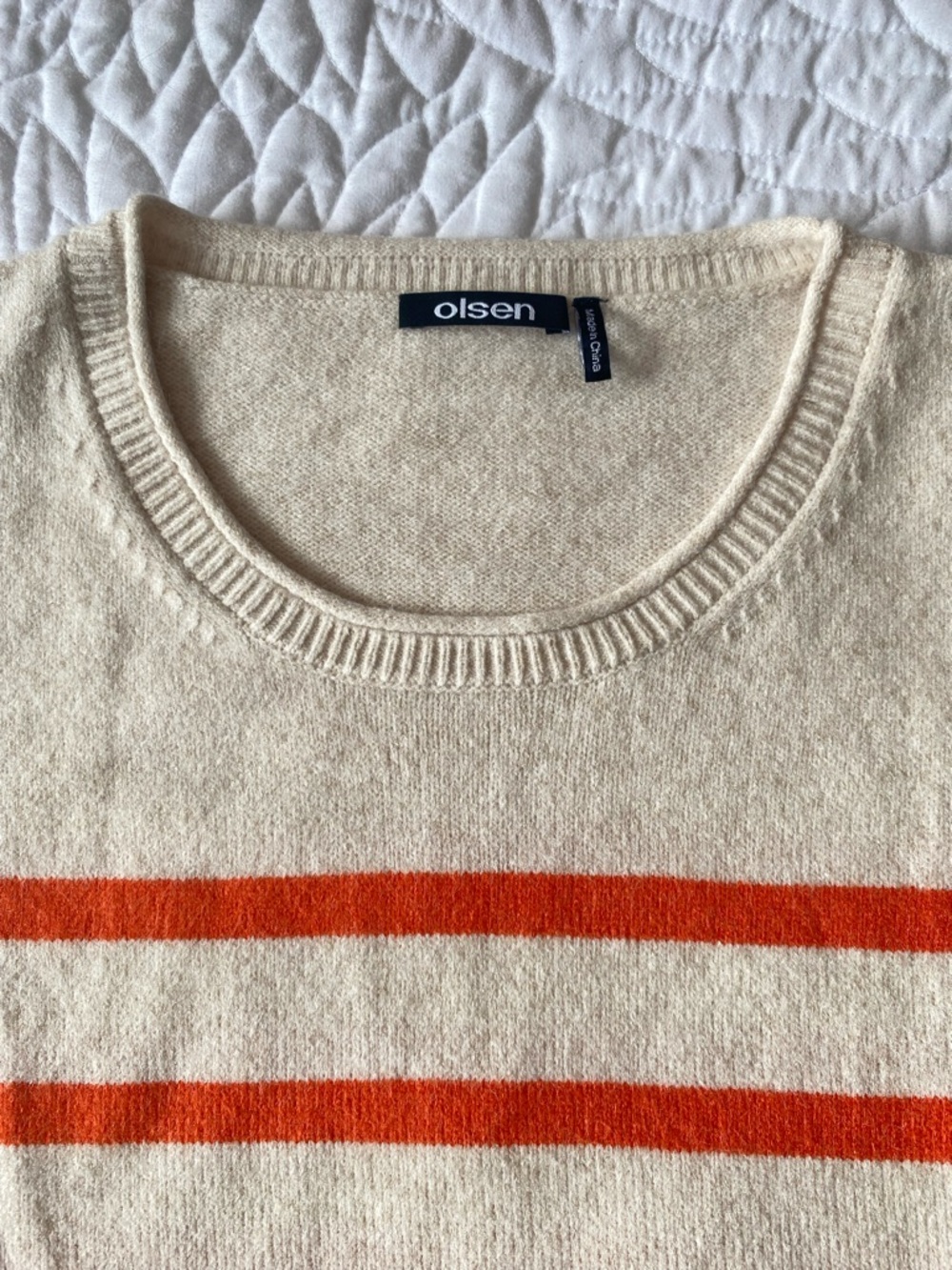 OLSEN “Henny” Striped Crewneck Sweater in Cream and Orange - Picture 4 of 6